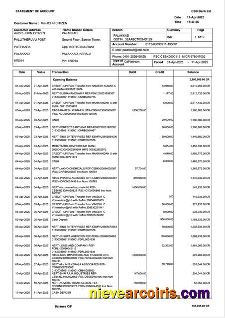 India CSB Bank statement of account Word and PDF